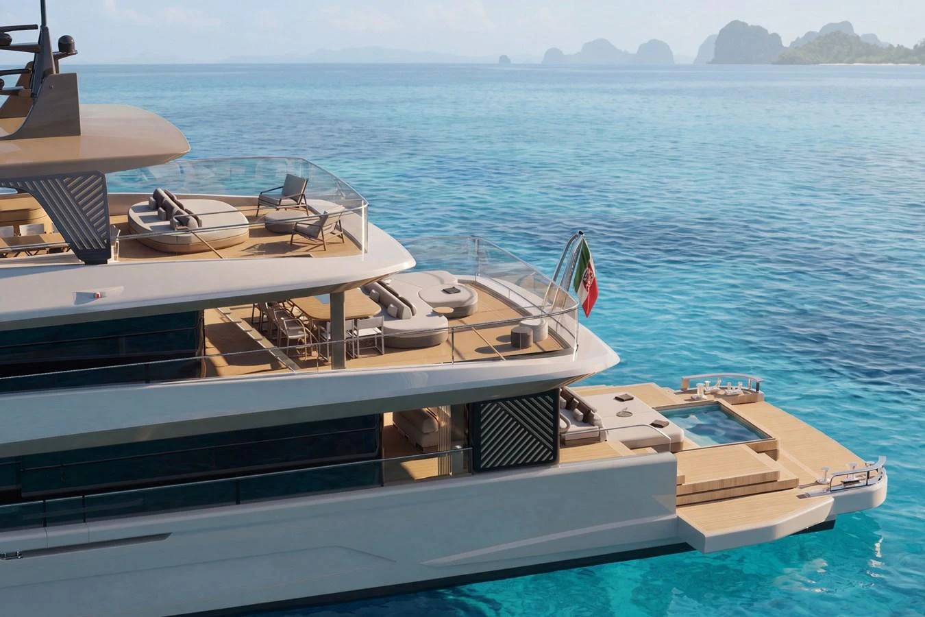 The yacht's aft deck features luxurious lounging areas and a stunning view of the surrounding waters. aboard ETERNAL 36 Yacht for Sale