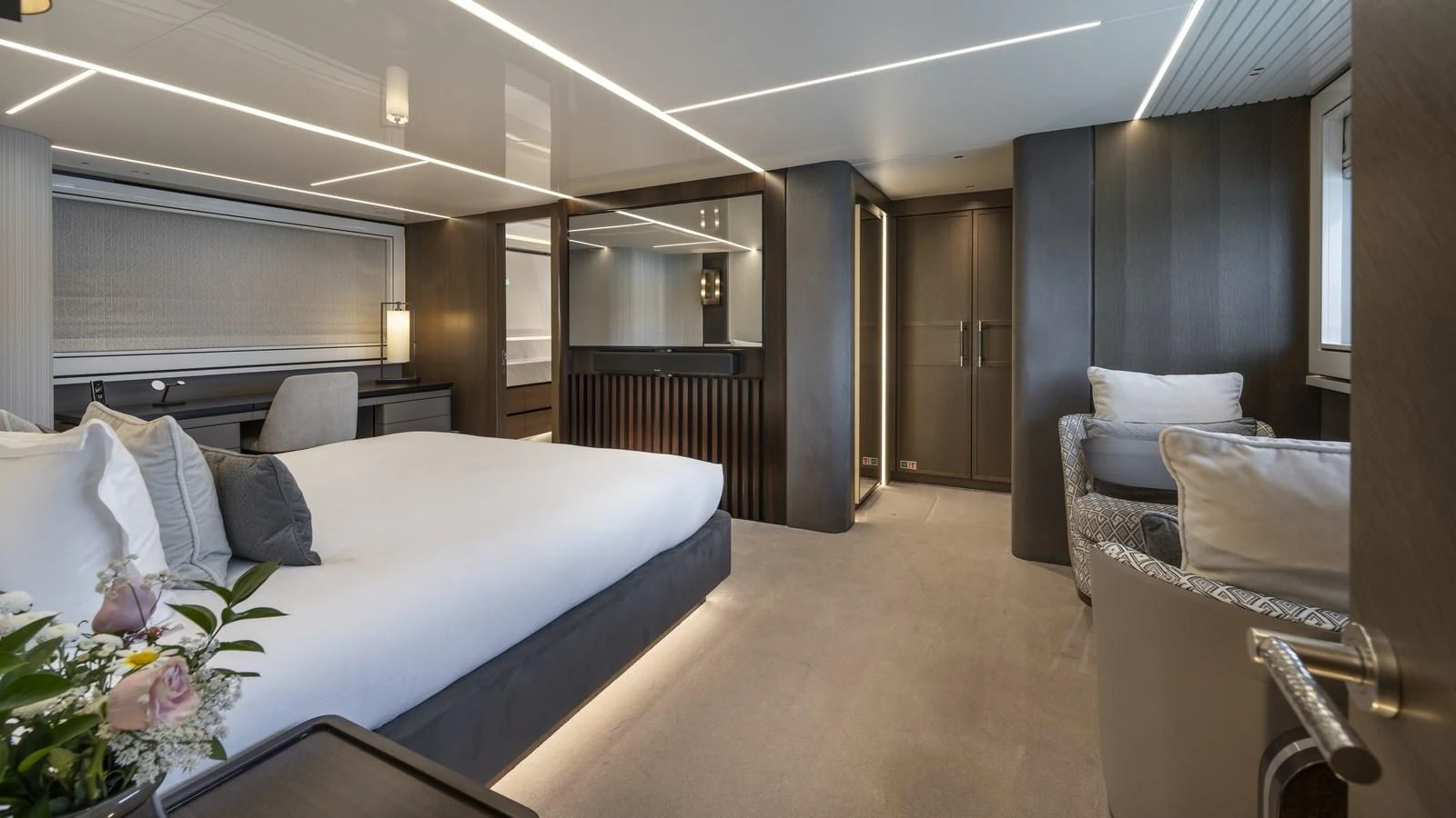 The master stateroom exudes luxury with its spacious layout and elegant furnishings. aboard W OF JERSEY Yacht for Sale