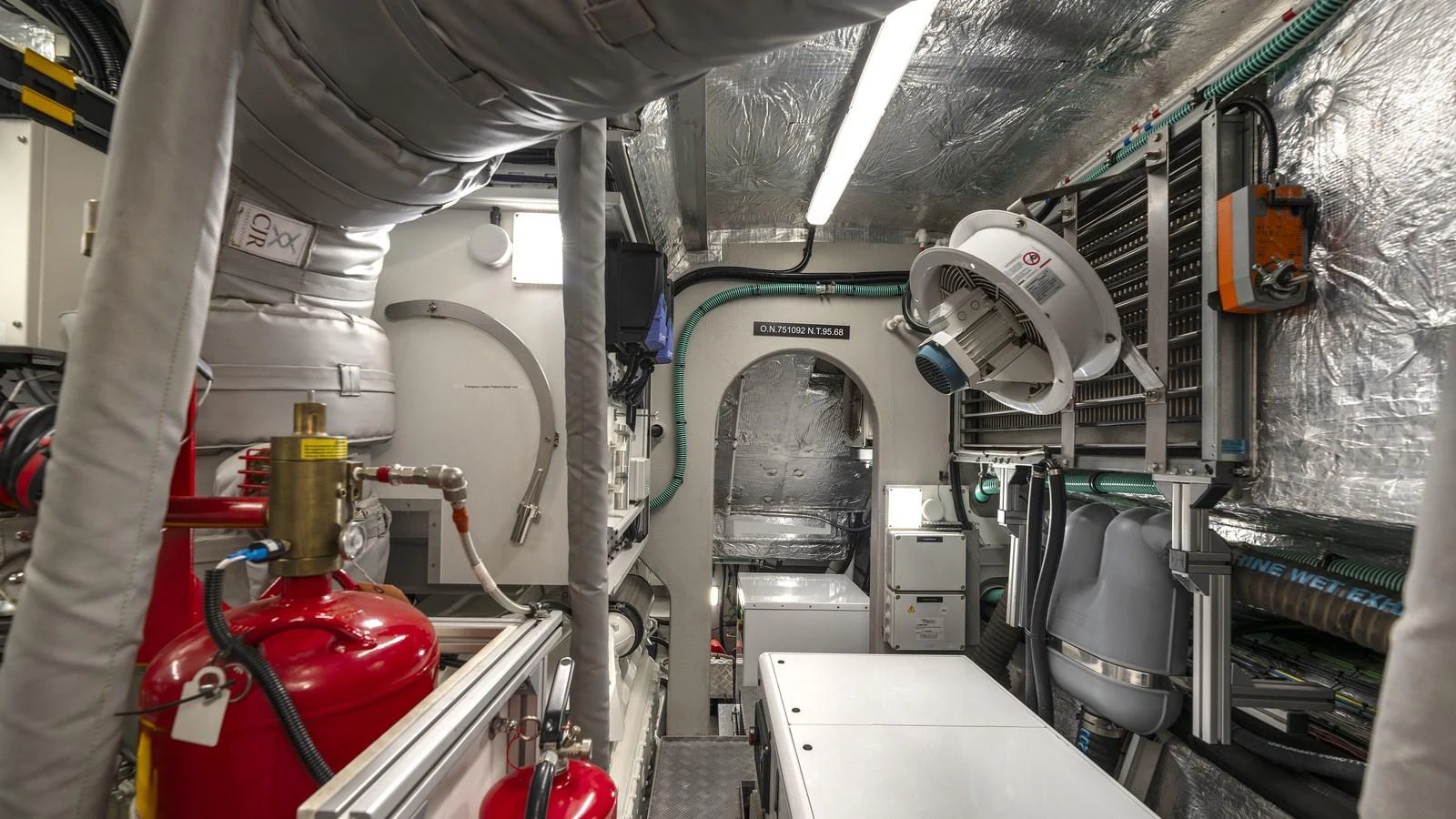 The engine room is equipped with advanced machinery and safety equipment, showcasing the yacht's technical sophistication. aboard W OF JERSEY Yacht for Sale