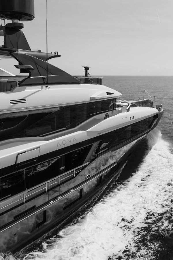 A sleek yacht cruises through the water, showcasing its modern design and luxurious exterior. aboard ADVA Yacht for Sale