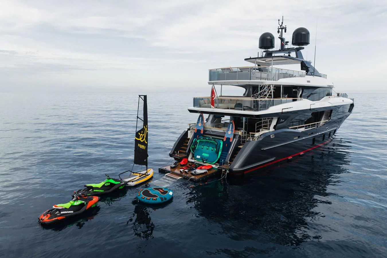 The yacht's aft deck is equipped with an array of water toys and a spacious swim platform, perfect for aquatic adventures. aboard ADVA Yacht for Sale