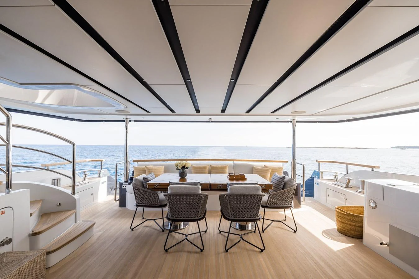 The aft deck offers a spacious and inviting area for relaxation and dining with stunning ocean views. aboard ADVA Yacht for Sale