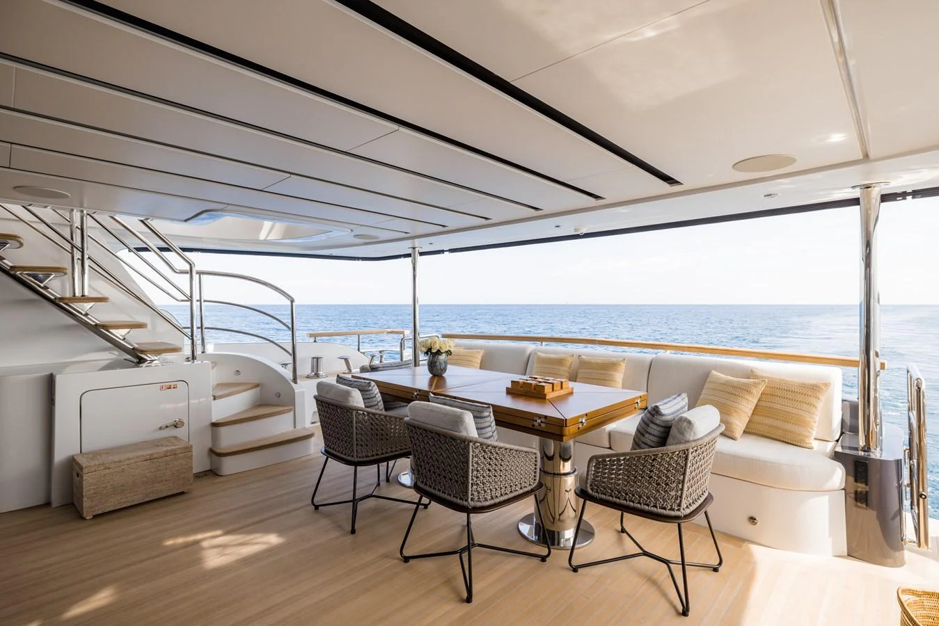 The aft deck offers a spacious and inviting area for alfresco dining with stunning ocean views. aboard ADVA Yacht for Sale