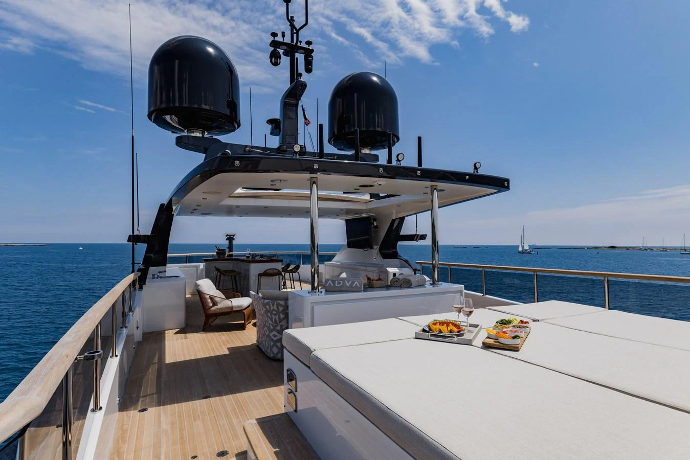 The flybridge offers a spacious and luxurious outdoor lounging area with panoramic sea views. aboard ADVA Yacht for Sale