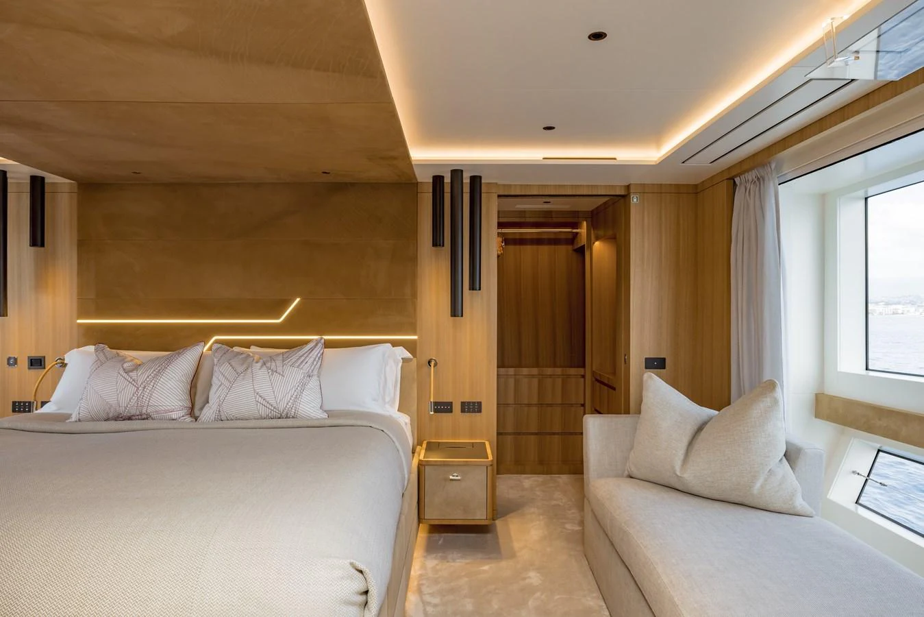 The master stateroom offers a luxurious and serene retreat with modern design and ample natural light. aboard ADVA Yacht for Sale