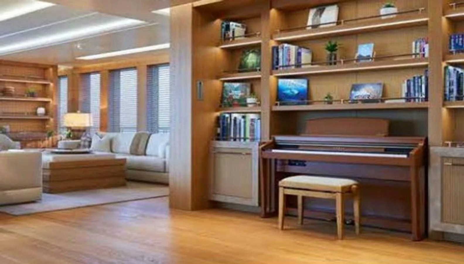 The yacht's salon features a cozy seating area and a piano, creating a warm and inviting atmosphere. aboard DYTAN Yacht for Sale