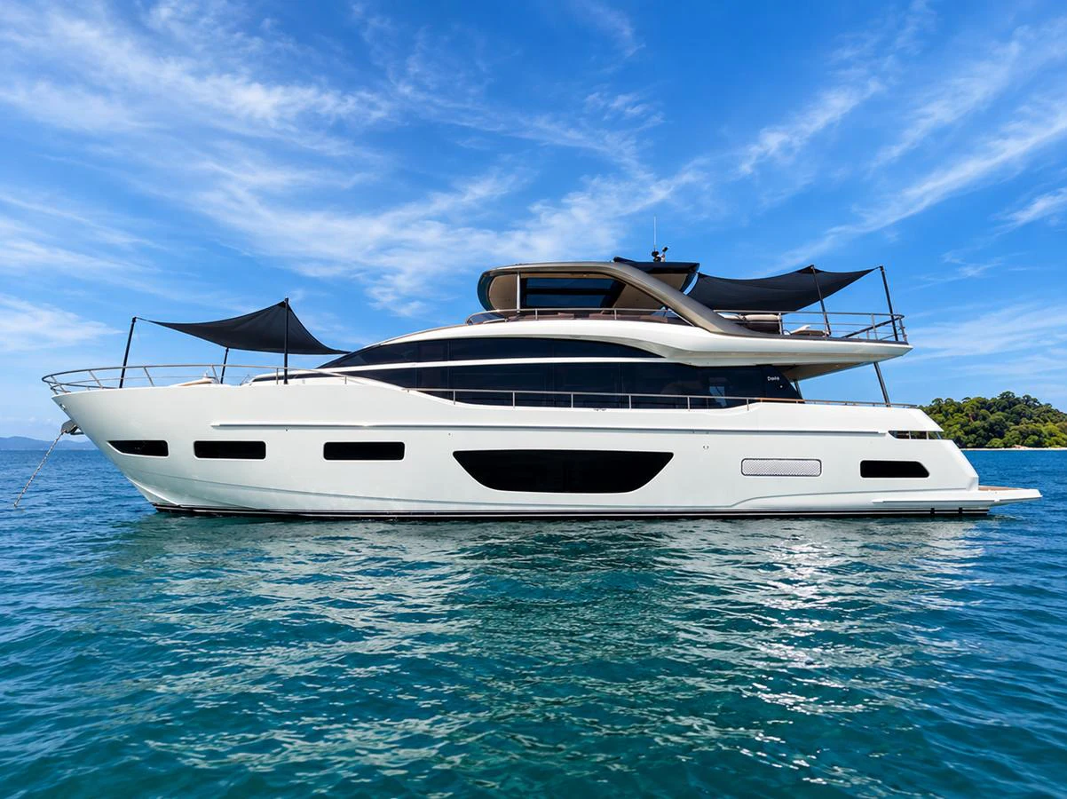 A sleek and modern yacht glides gracefully on the clear blue waters under a bright sky. aboard MOONFLOWER Yacht for Sale