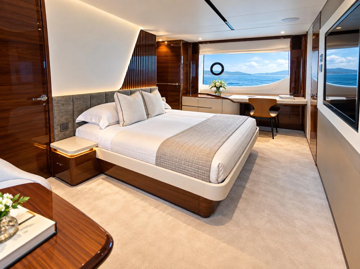 The master stateroom features a luxurious bed, elegant wood finishes, and a stunning ocean view. aboard MOONFLOWER Yacht for Sale