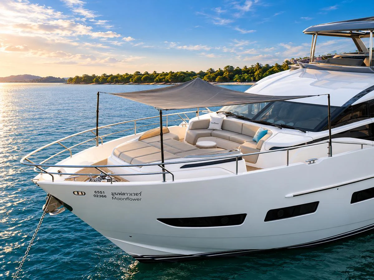 A sleek yacht with a shaded lounging area on the bow, cruising on calm waters at sunset. aboard MOONFLOWER Yacht for Sale