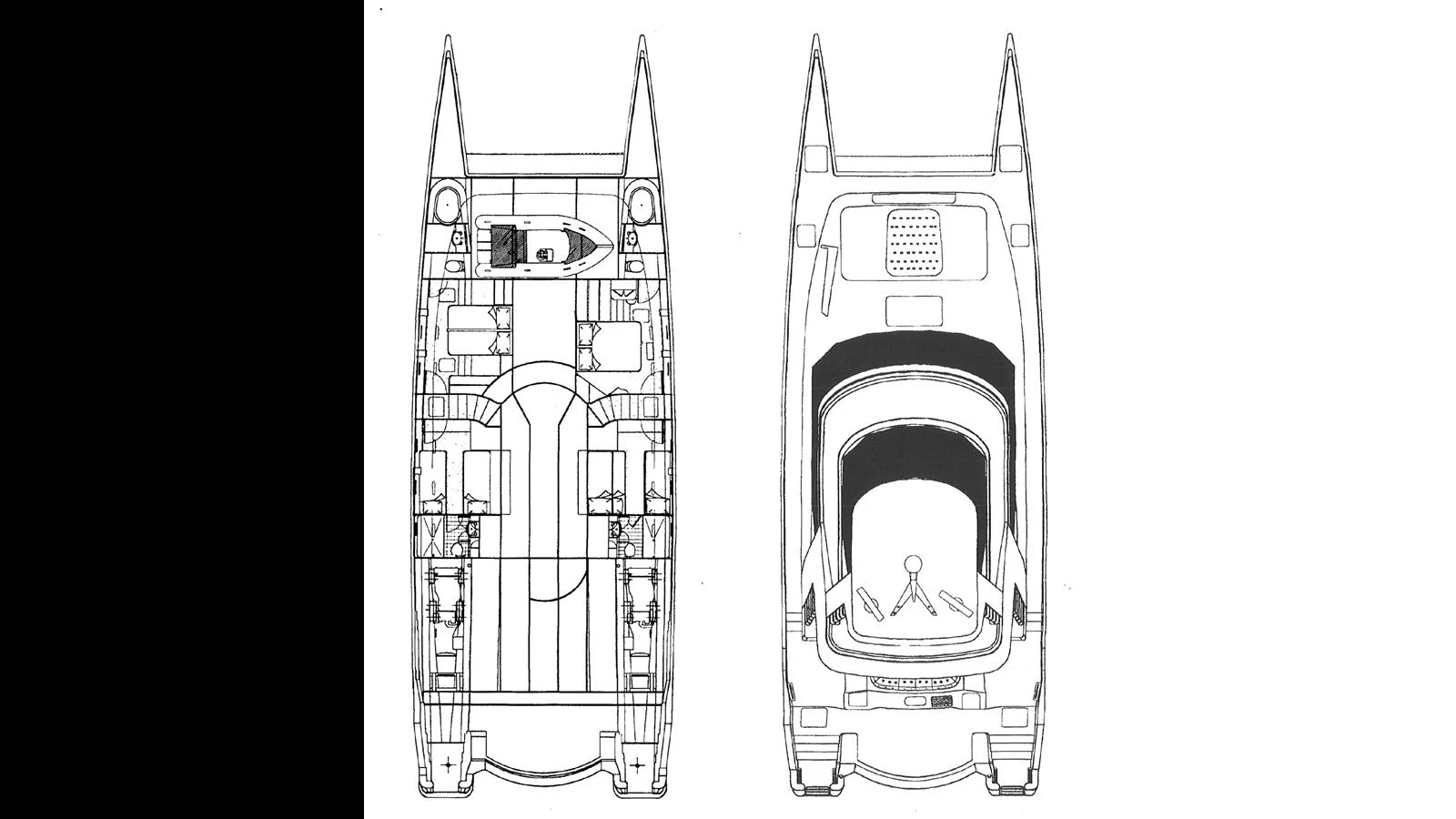 A detailed schematic drawing of a yacht's layout, showcasing both the top and side views. aboard MOANA Yacht for Sale