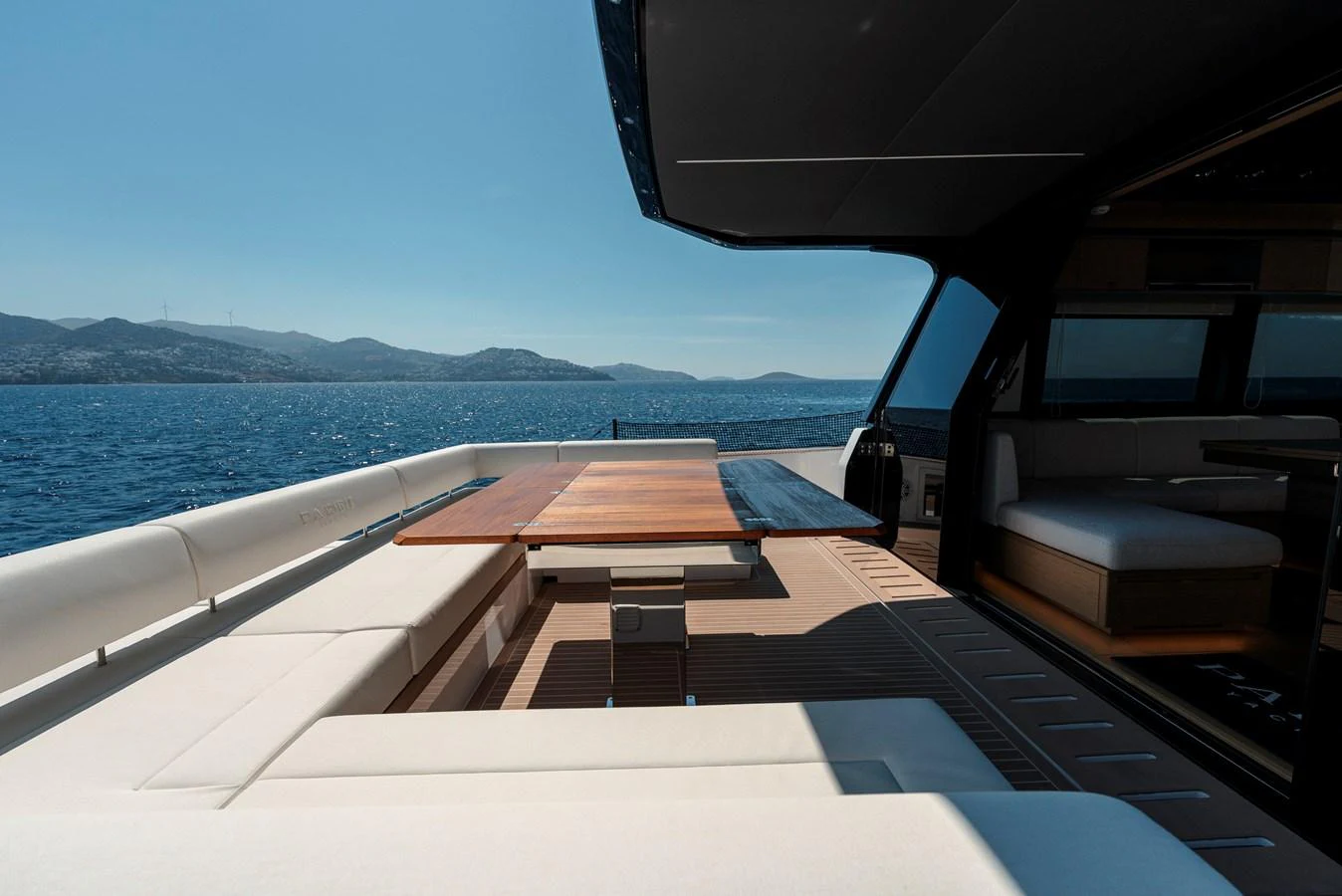 The aft deck features a spacious seating area with a large dining table, perfect for alfresco dining with stunning sea views. aboard LUCKY LUKA Yacht for Sale