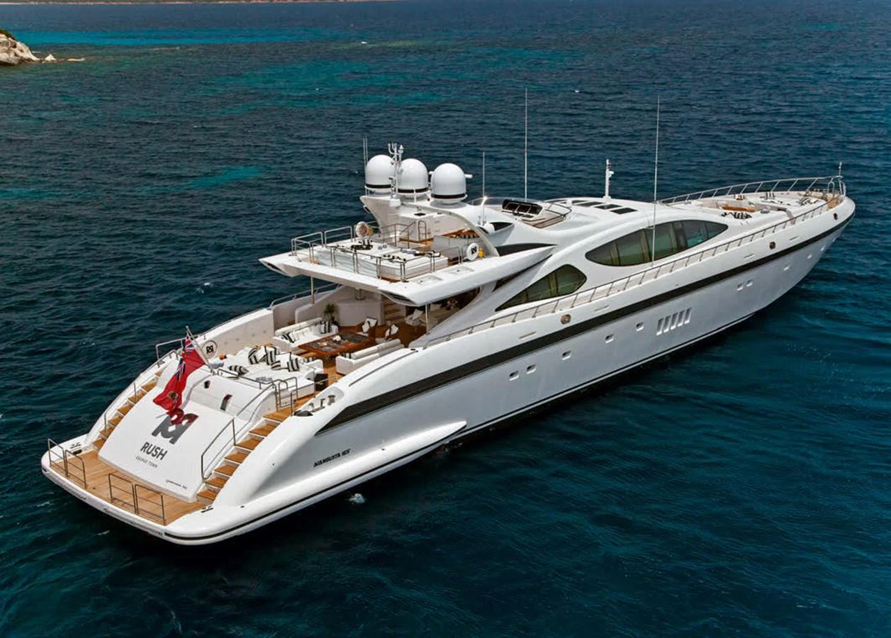A sleek and modern yacht cruising on clear blue waters. aboard RUSH Yacht for Sale