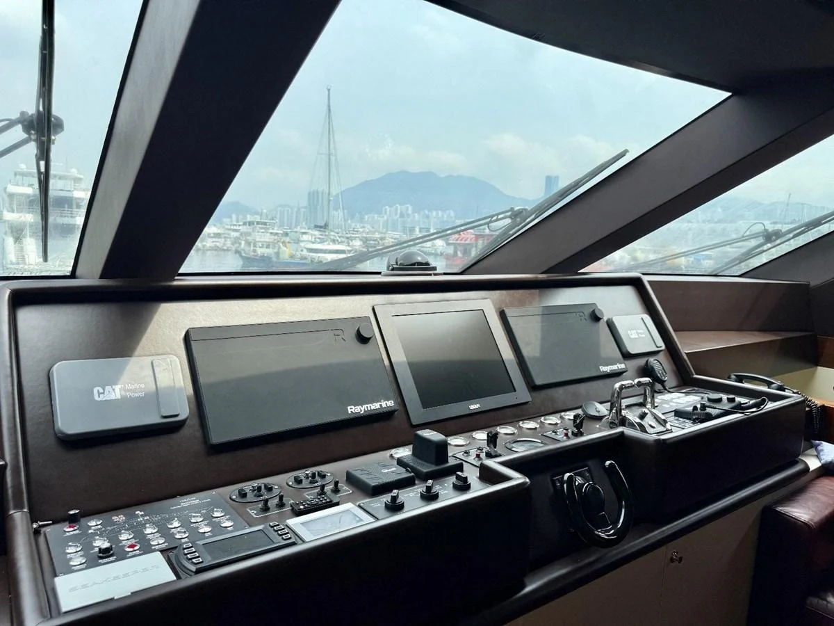 The helm station features advanced navigation and control systems with a panoramic view. aboard HEYSEA ASTERIA 126/1 Yacht for Sale