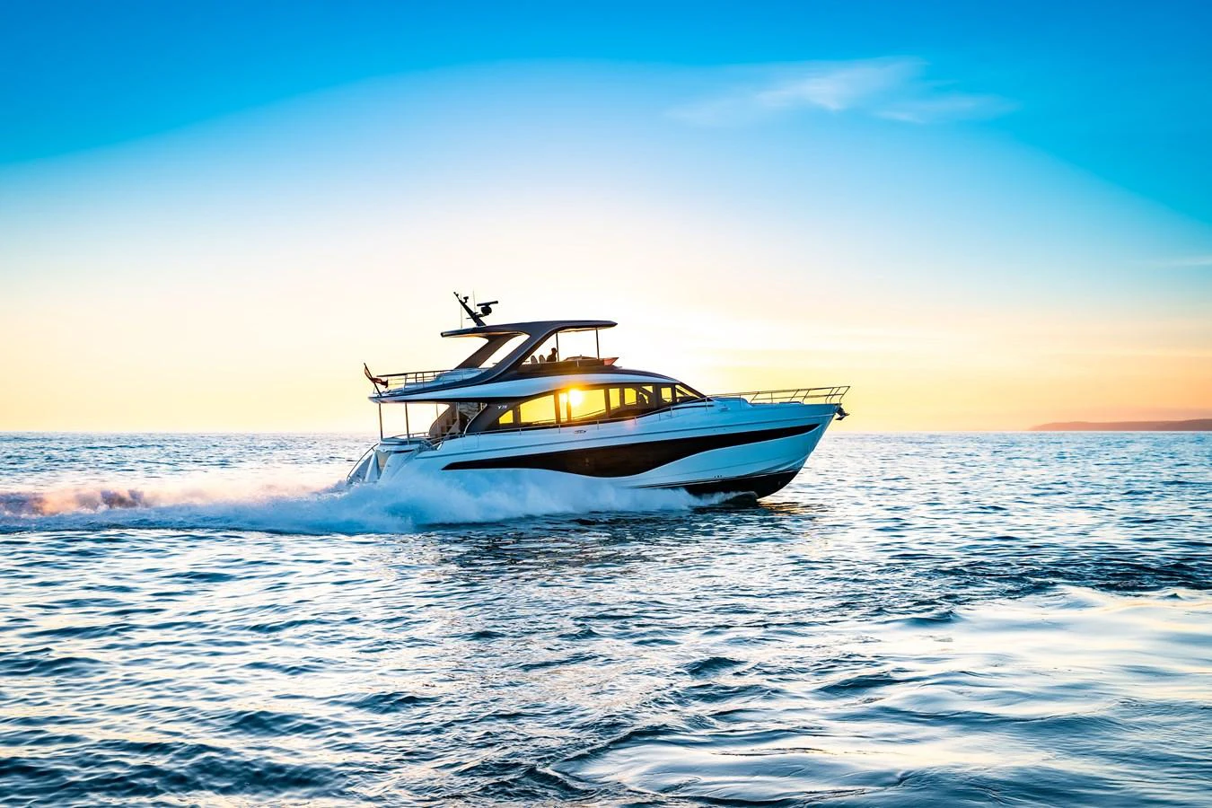 A sleek yacht cruises through the water at sunset, showcasing its modern design and luxurious features. aboard PRINCESS Y72 Yacht for Sale