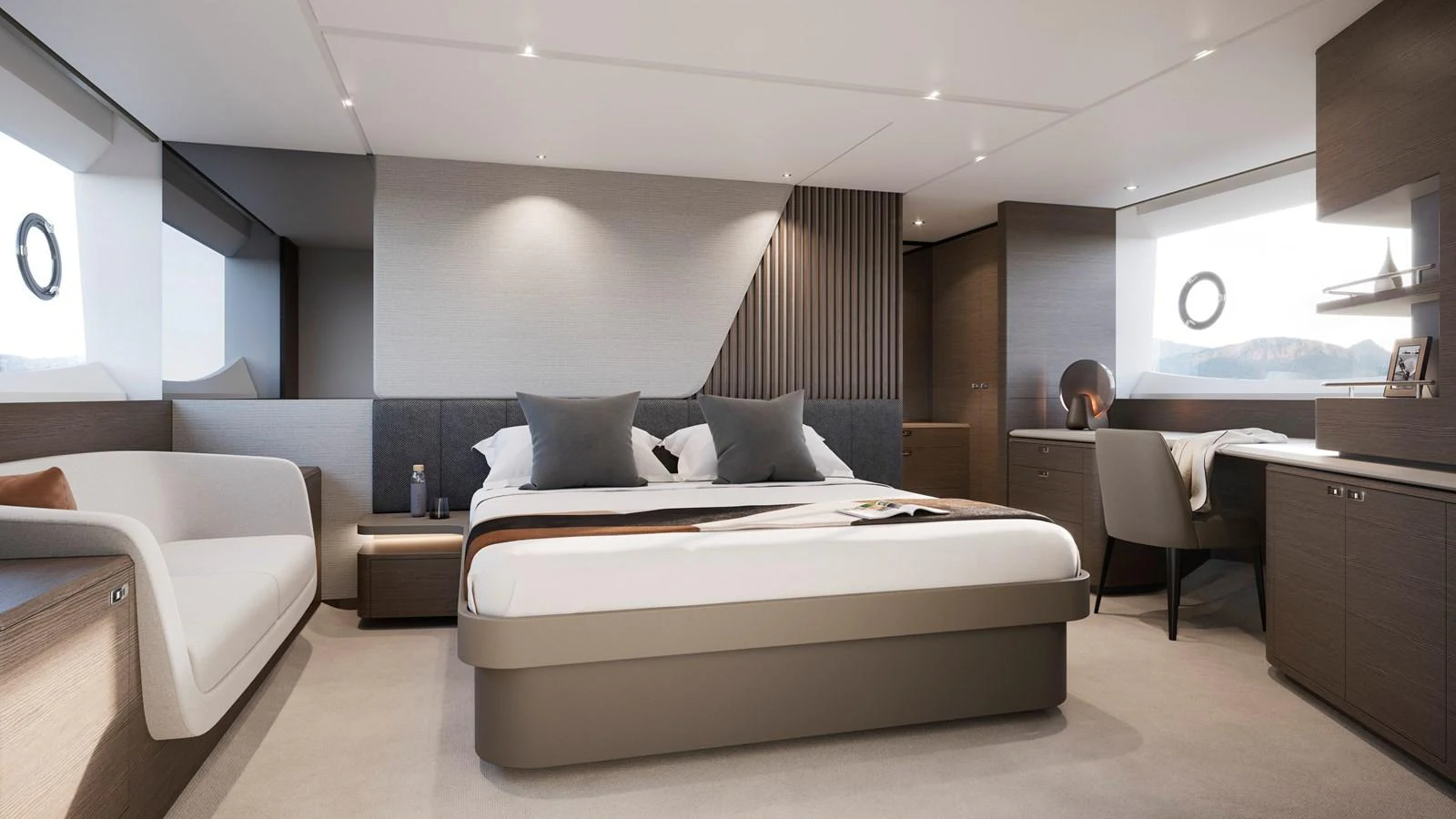 The master stateroom features a luxurious bed, modern furnishings, and ample natural light. aboard PRINCESS S74 Yacht for Sale