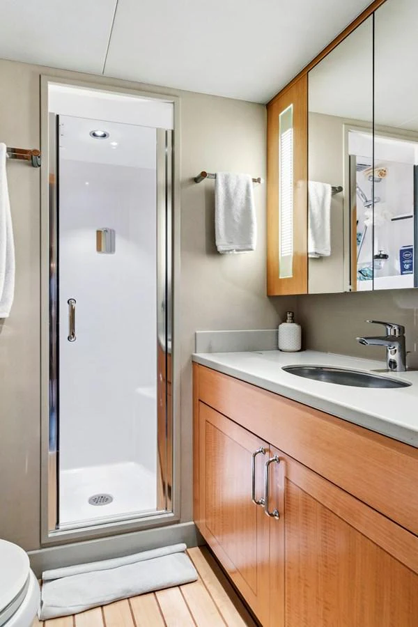 The yacht's bathroom features a sleek shower, modern fixtures, and ample storage. aboard SEAS THE DAY Yacht for Sale