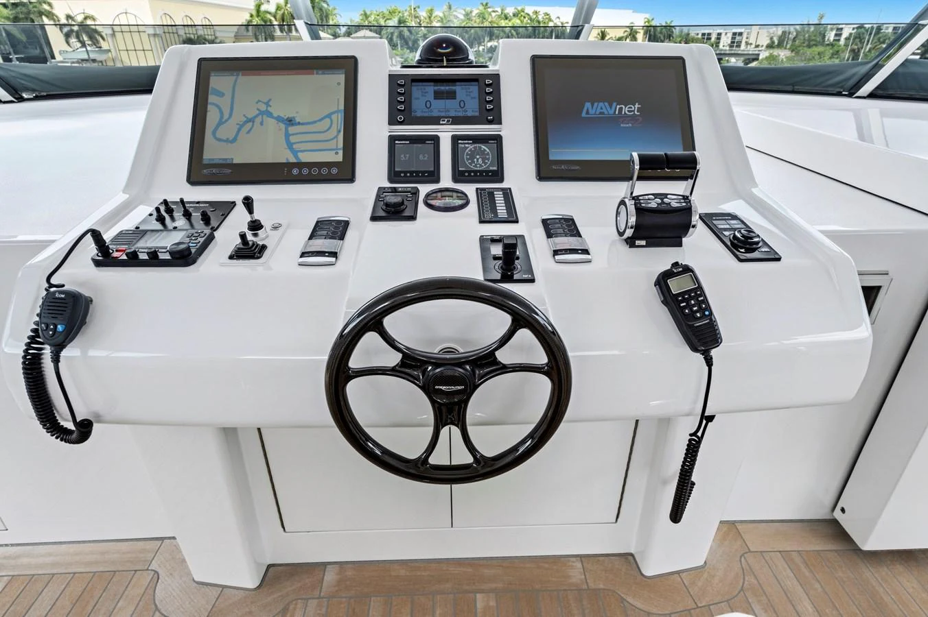 The helm station features advanced navigation and communication equipment for seamless yacht operation. aboard SEAS THE DAY Yacht for Sale