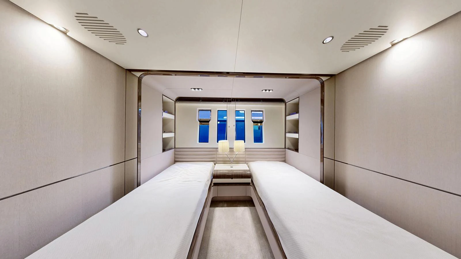 The guest cabin features two twin beds with a modern and minimalist design. aboard 98.92' AZIMUT GRANDE Yacht for Sale