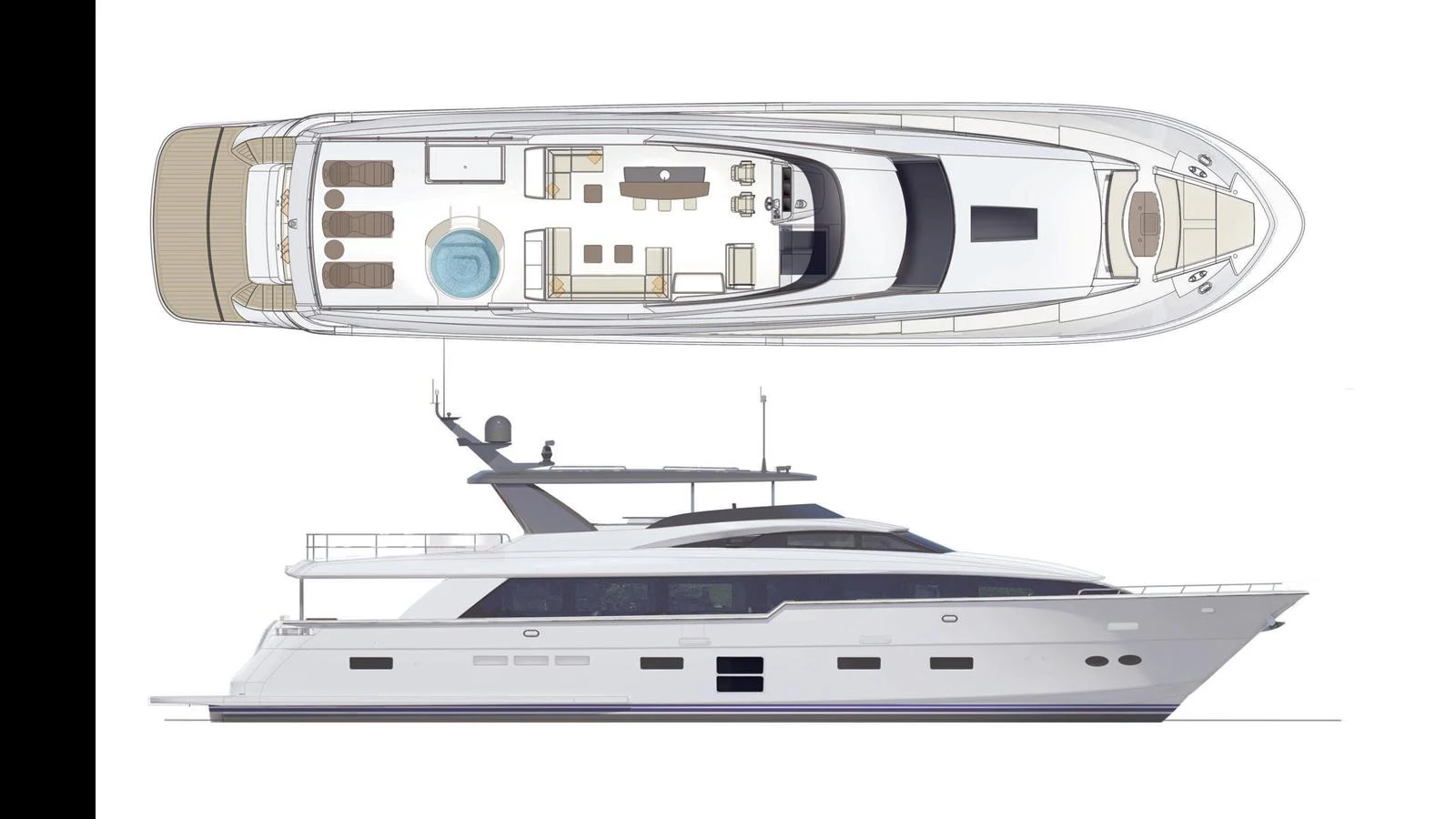 A sleek and modern yacht with a detailed deck plan showcasing luxurious amenities. aboard TRU LUV Yacht for Sale
