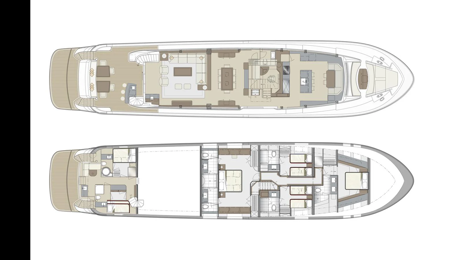 The image shows a detailed deck plan of a yacht, highlighting the layout of various areas. aboard TRU LUV Yacht for Sale