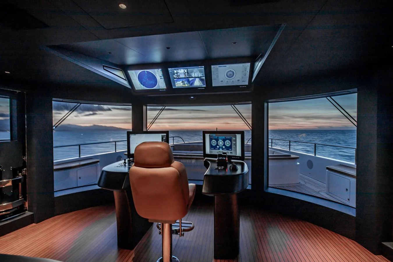 The helm offers a commanding view of the ocean with state-of-the-art navigation equipment. aboard CADA DIA Yacht for Sale