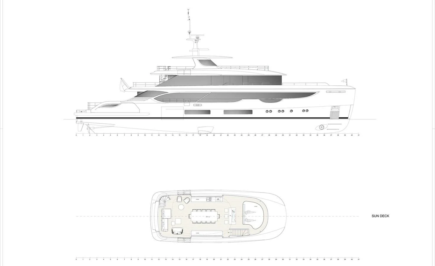 A detailed technical drawing showcases the yacht's exterior profile and sun deck layout. aboard CADA DIA Yacht for Sale