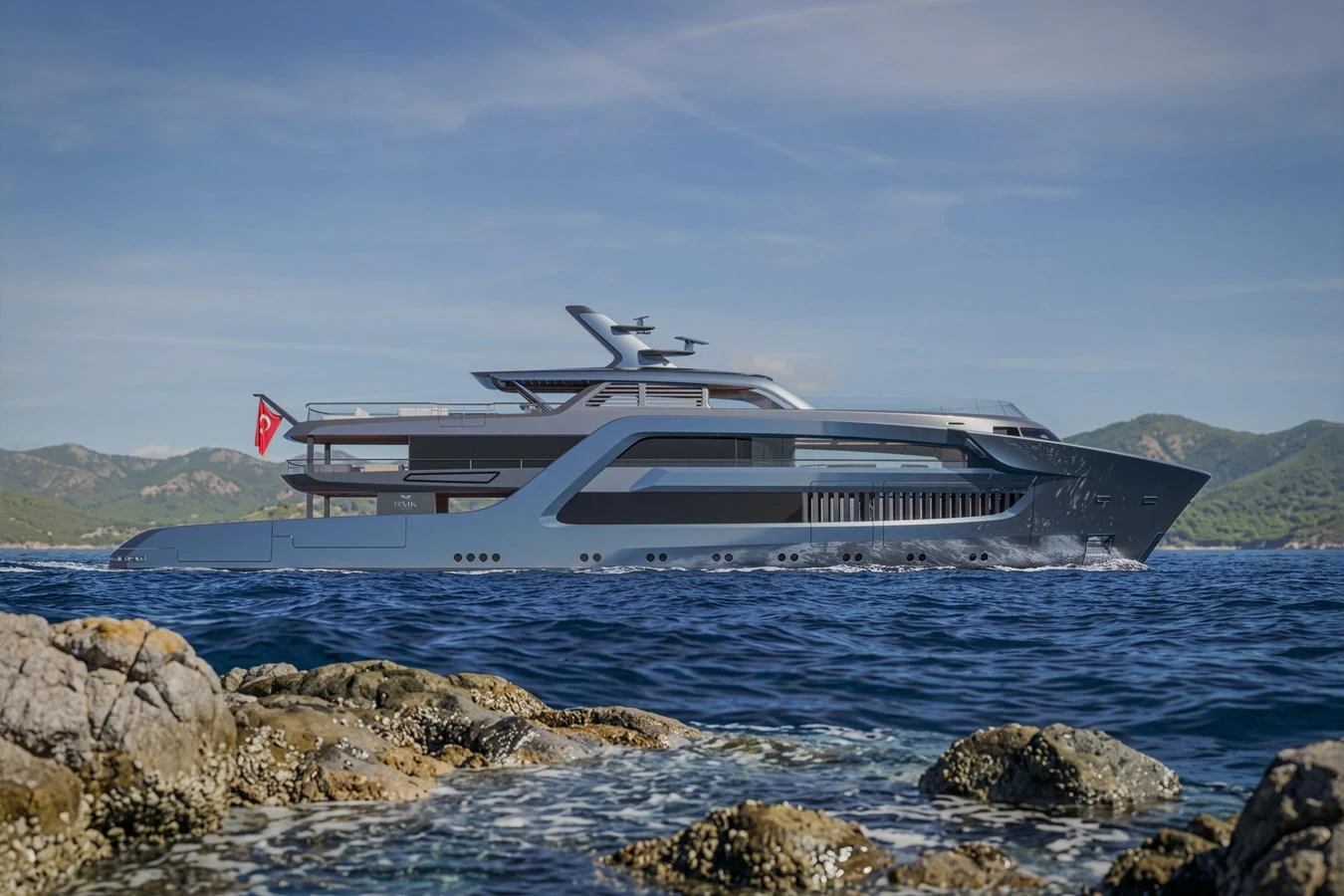 A sleek and modern yacht glides through the water near a rocky shoreline. aboard ARCANE ERA AND NOVA Yacht for Sale