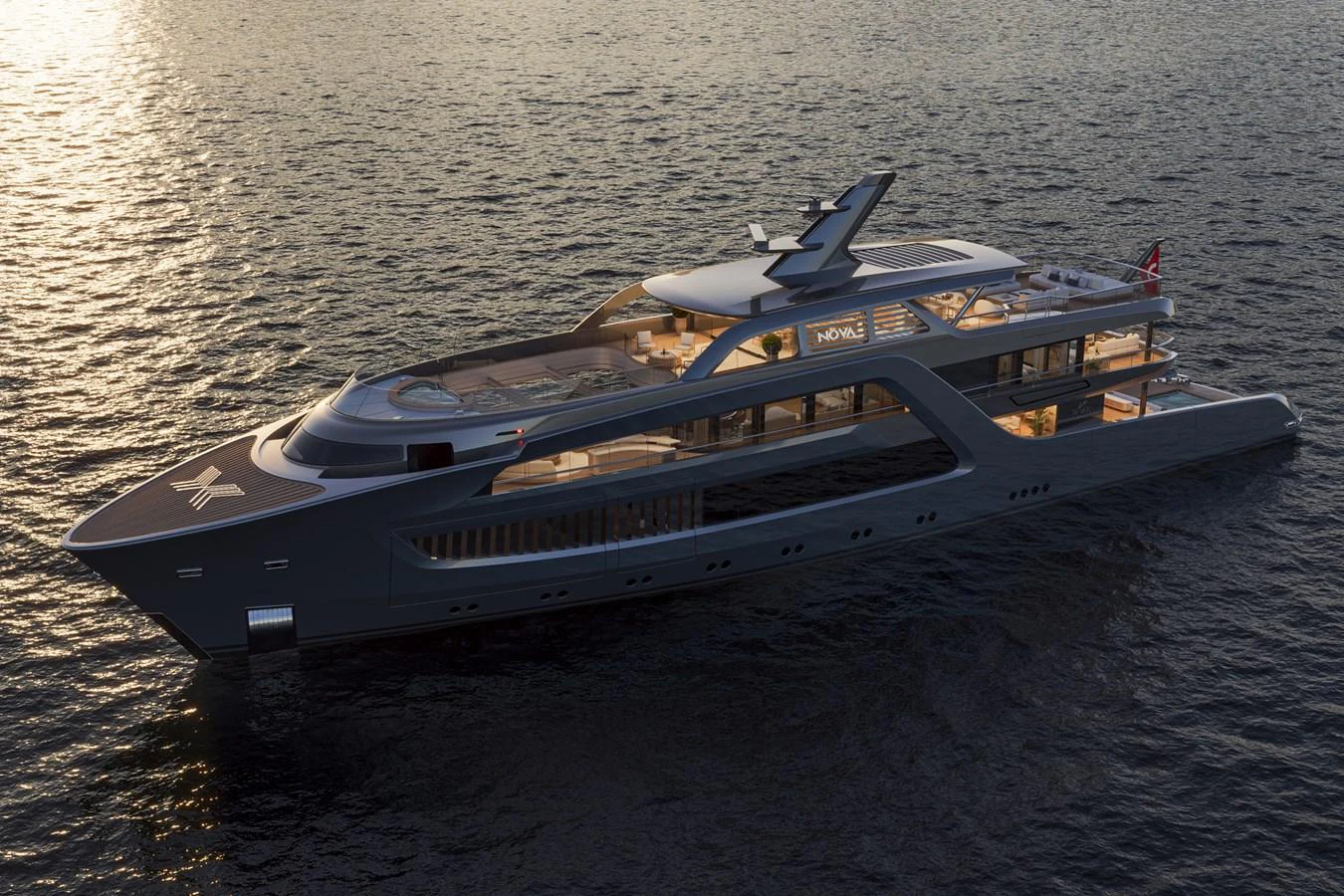A sleek and modern yacht glides gracefully on the water at sunset. aboard ARCANE ERA AND NOVA Yacht for Sale