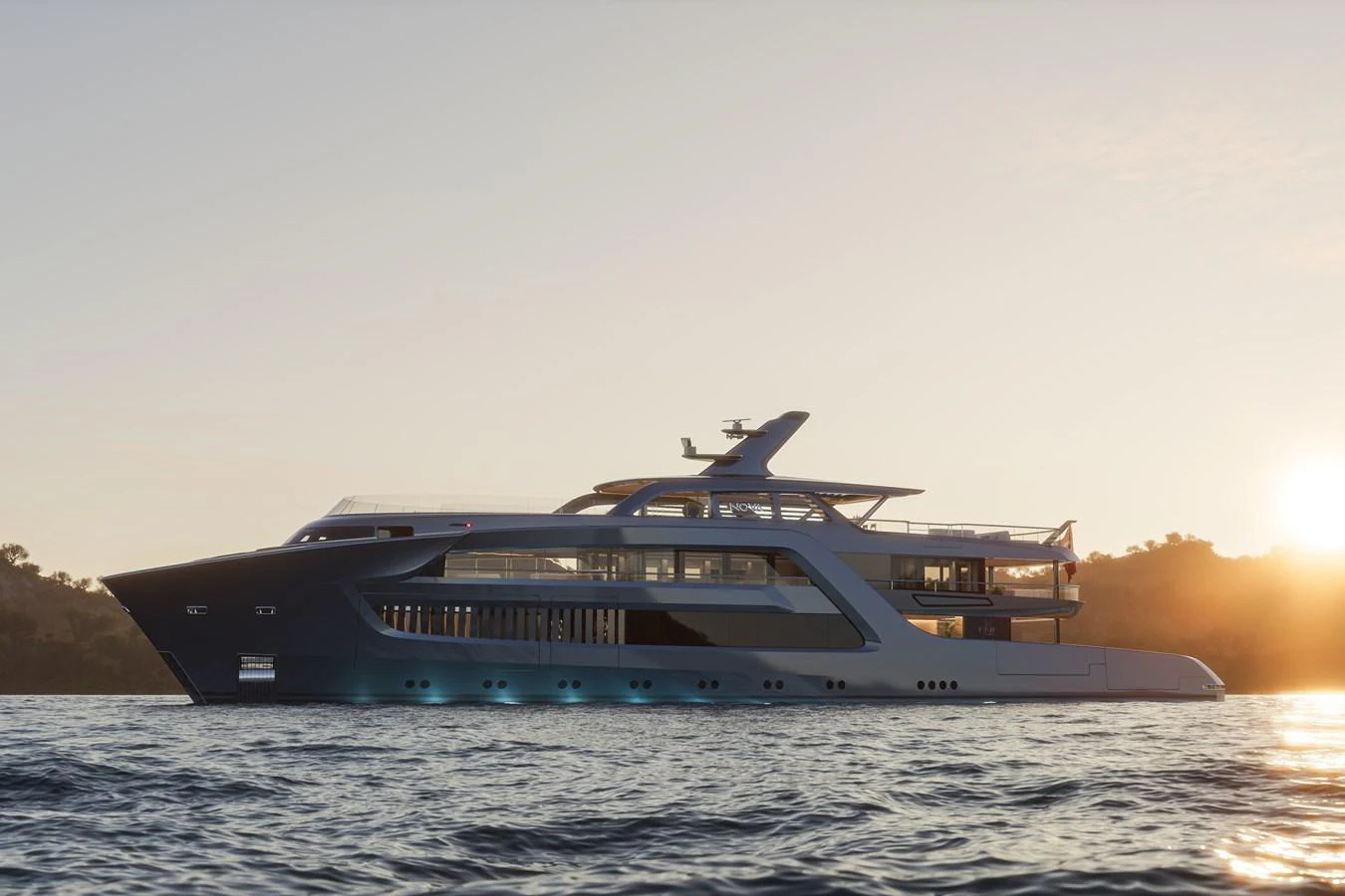 A sleek and modern yacht glides gracefully on the water at sunset. aboard ARCANE ERA AND NOVA Yacht for Sale