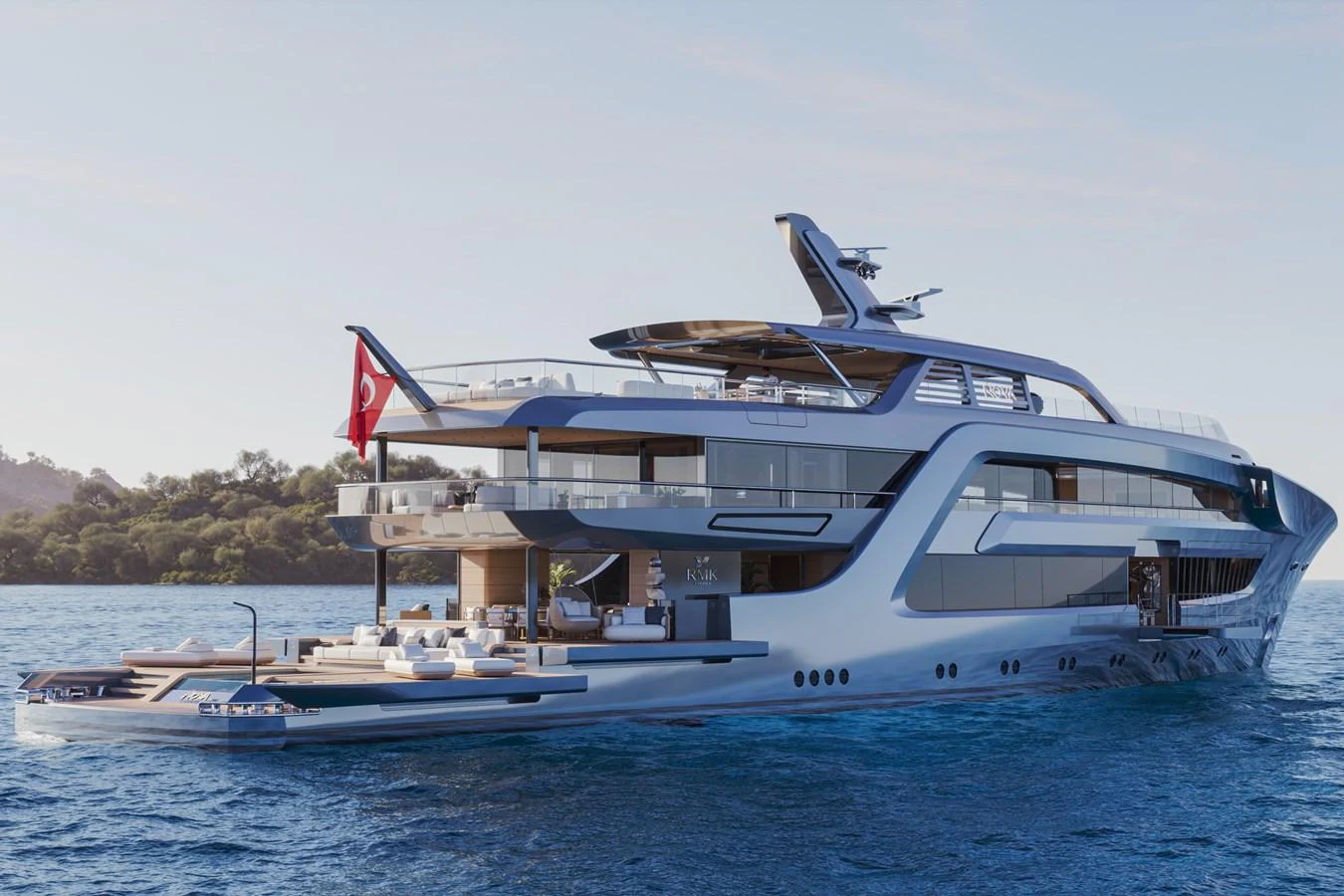 A sleek and modern yacht cruising on calm waters, showcasing its luxurious multi-deck design. aboard ARCANE ERA AND NOVA Yacht for Sale
