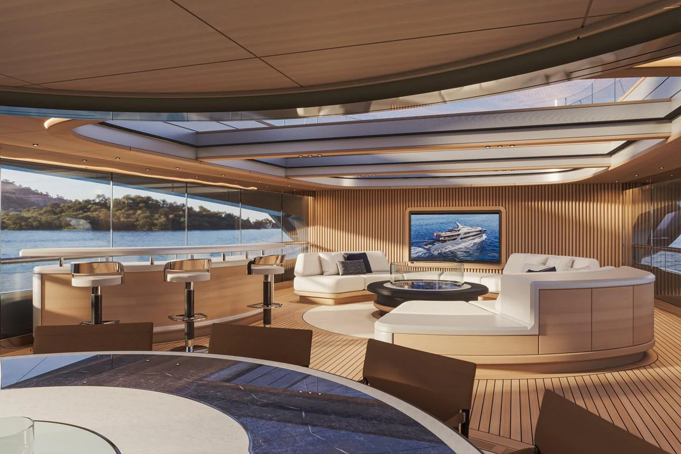 The salon features elegant seating with panoramic views and a sophisticated bar area. aboard ARCANE ERA AND NOVA Yacht for Sale