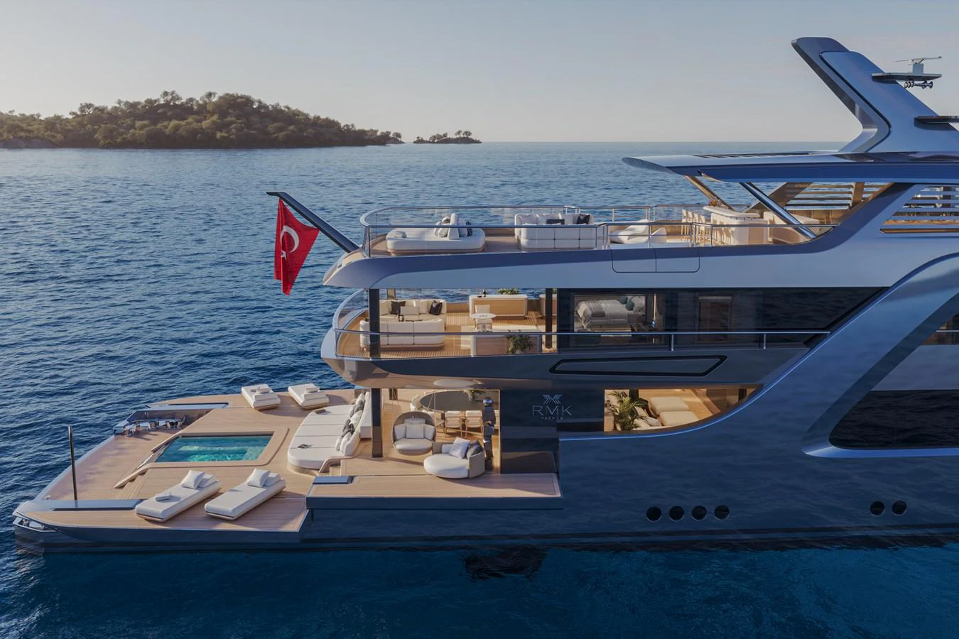 The yacht's aft deck features a luxurious pool and ample lounging space, perfect for relaxation. aboard ARCANE ERA AND NOVA Yacht for Sale