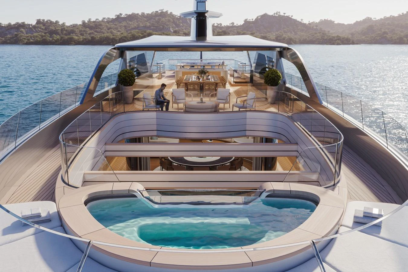 The yacht's aft deck features a luxurious pool and spacious seating areas with stunning views of the surrounding waters. aboard ARCANE ERA AND NOVA Yacht for Sale