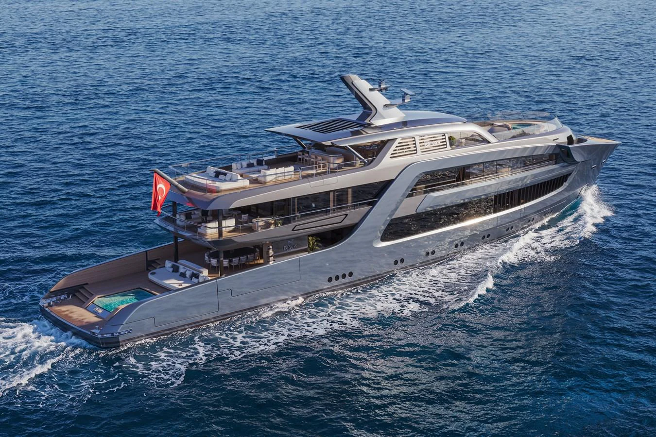 A sleek and modern yacht cruises through the open sea, showcasing its luxurious design and spacious decks. aboard ARCANE ERA AND NOVA Yacht for Sale