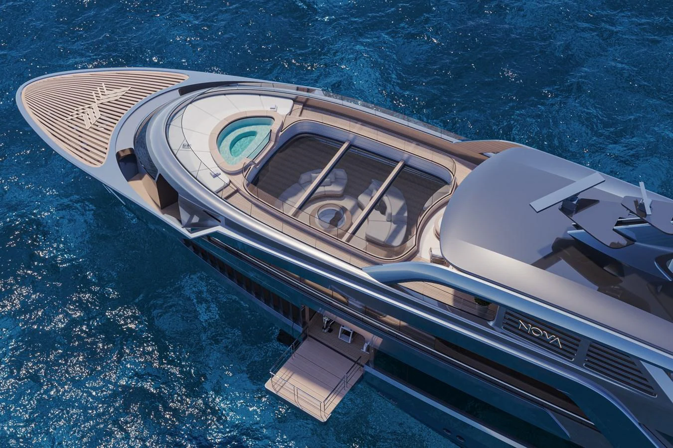 A stunning aerial view of a luxurious yacht cruising on the open sea. aboard ARCANE ERA AND NOVA Yacht for Sale