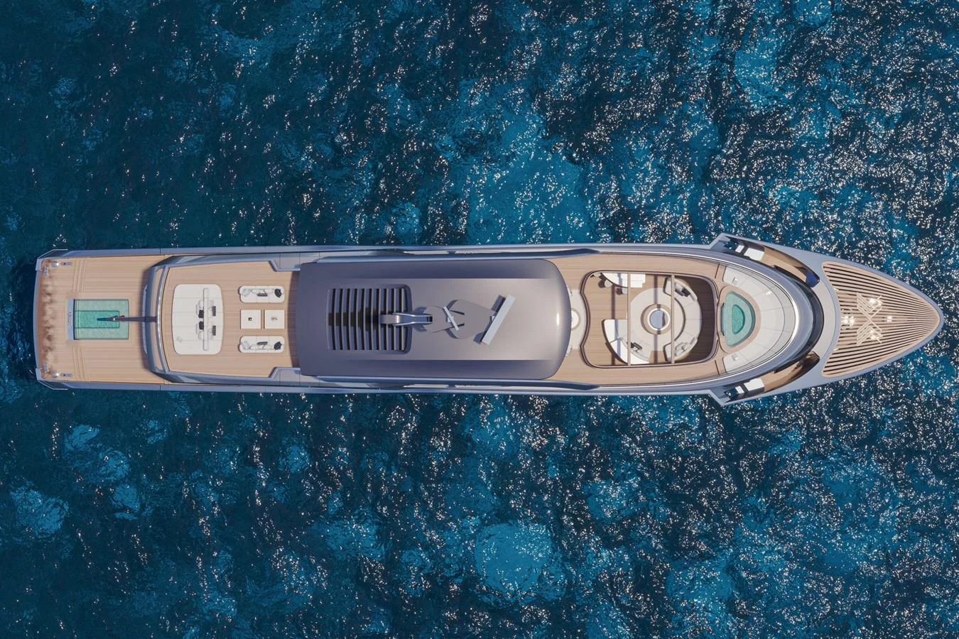 An aerial view of a sleek yacht cruising through deep blue waters. aboard ARCANE ERA AND NOVA Yacht for Sale
