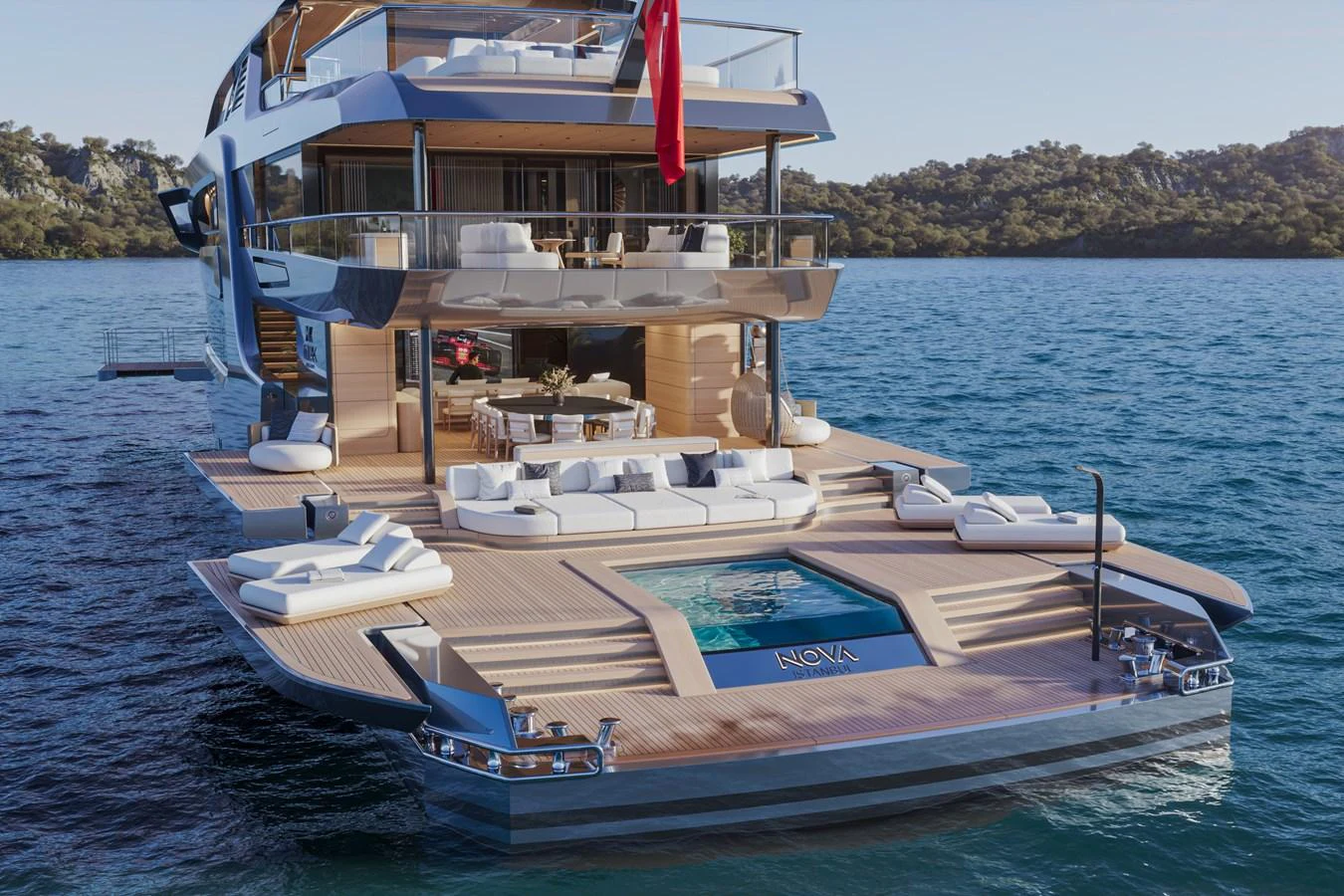 The yacht's aft deck features luxurious lounging areas and a stunning view of the surrounding waters. aboard ARCANE ERA AND NOVA Yacht for Sale