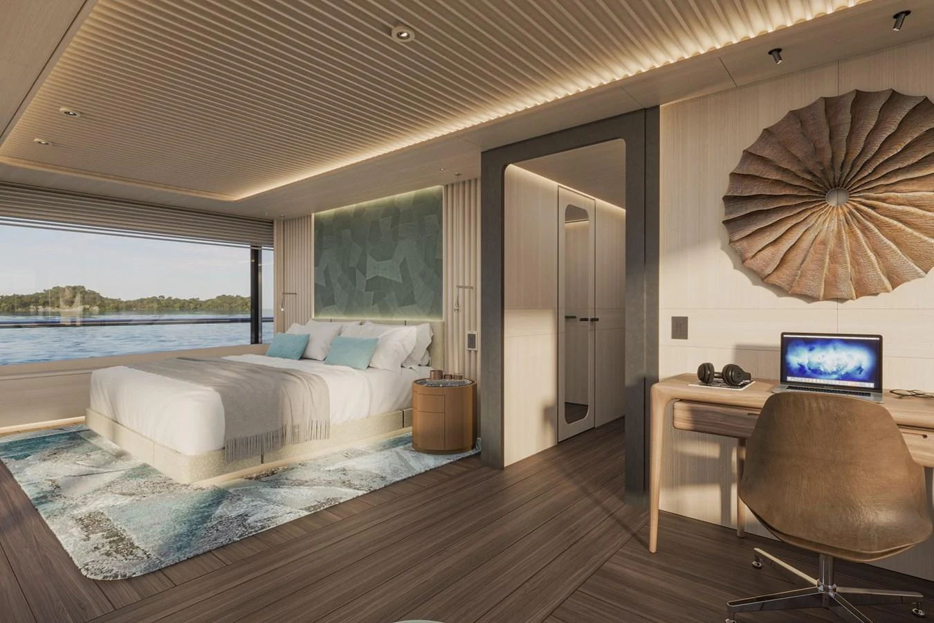 The stateroom offers a serene and luxurious retreat with a large window view of the water. aboard ARCANE ERA AND NOVA Yacht for Sale