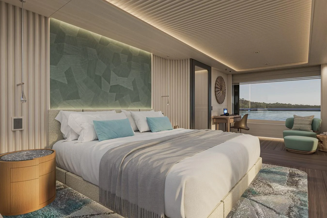 The master stateroom offers a luxurious and serene retreat with a large bed, modern decor, and a stunning view of the water. aboard ARCANE ERA AND NOVA Yacht for Sale
