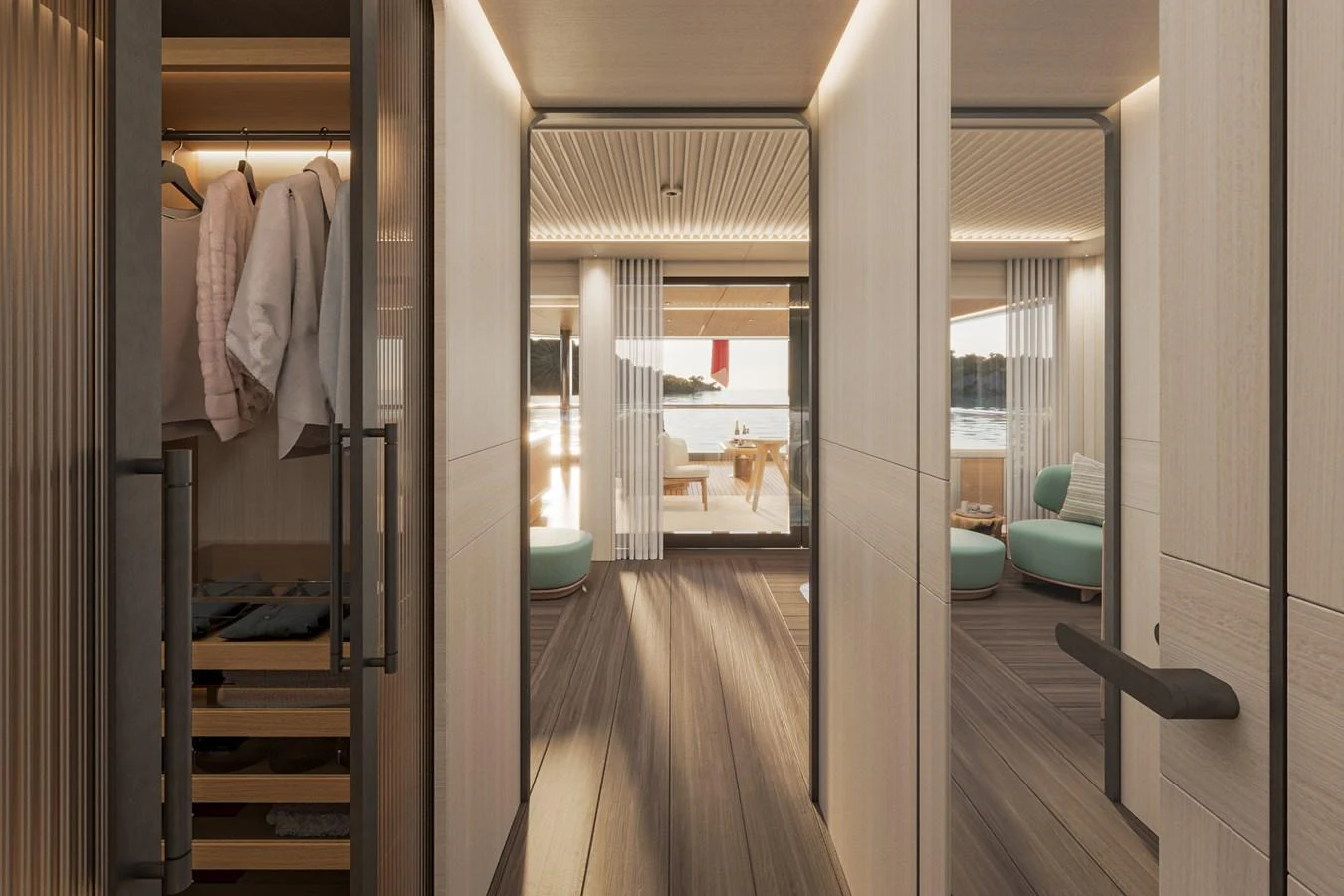 A luxurious hallway with a view leading to a serene outdoor seating area. aboard ARCANE ERA AND NOVA Yacht for Sale