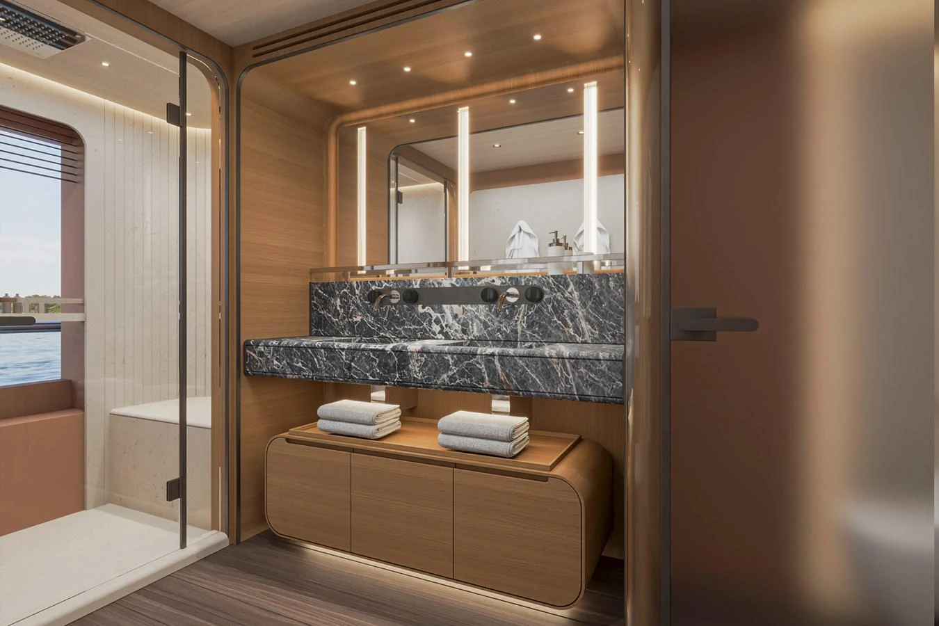 The yacht's bathroom features a sleek, modern design with a luxurious marble countertop and ample lighting. aboard ARCANE ERA AND NOVA Yacht for Sale