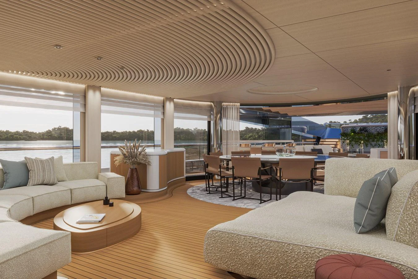 The salon features elegant seating, a dining area, and expansive windows offering stunning views. aboard ARCANE ERA AND NOVA Yacht for Sale