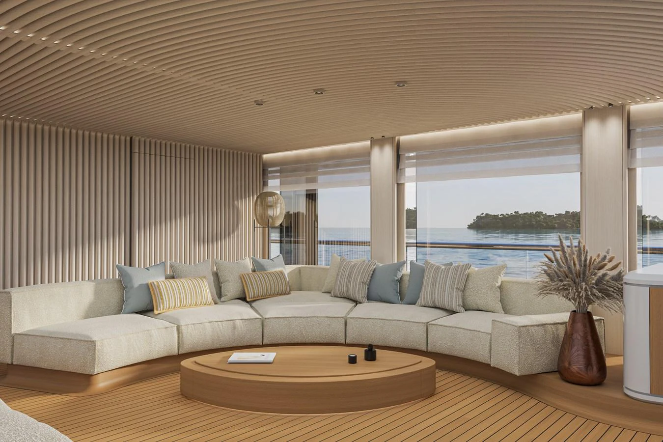 The salon features a spacious and elegant seating area with panoramic views of the sea. aboard ARCANE ERA AND NOVA Yacht for Sale