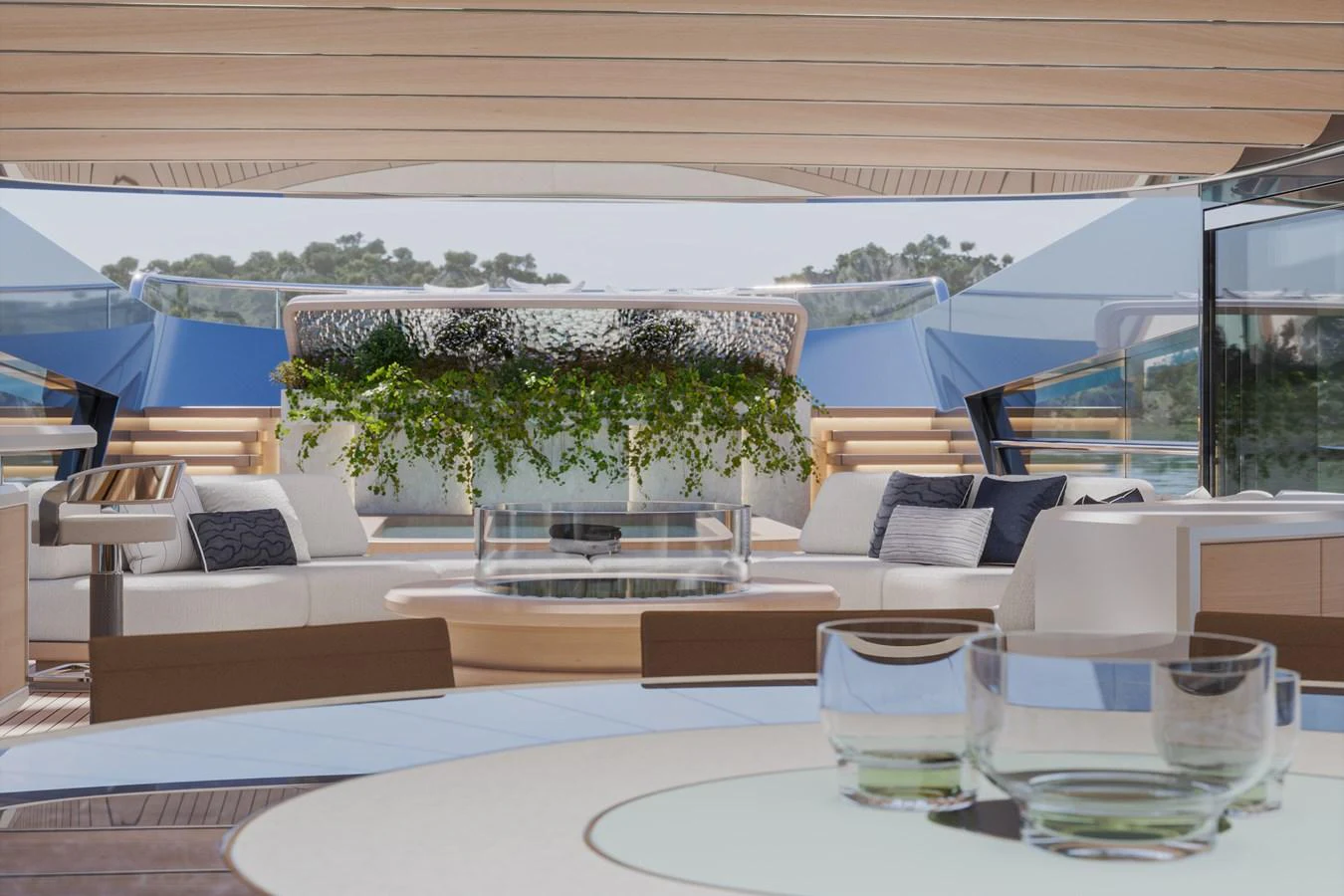 The aft deck features a luxurious seating area with a stylish blend of comfort and elegance, complemented by a lush green plant centerpiece. aboard ARCANE ERA AND NOVA Yacht for Sale