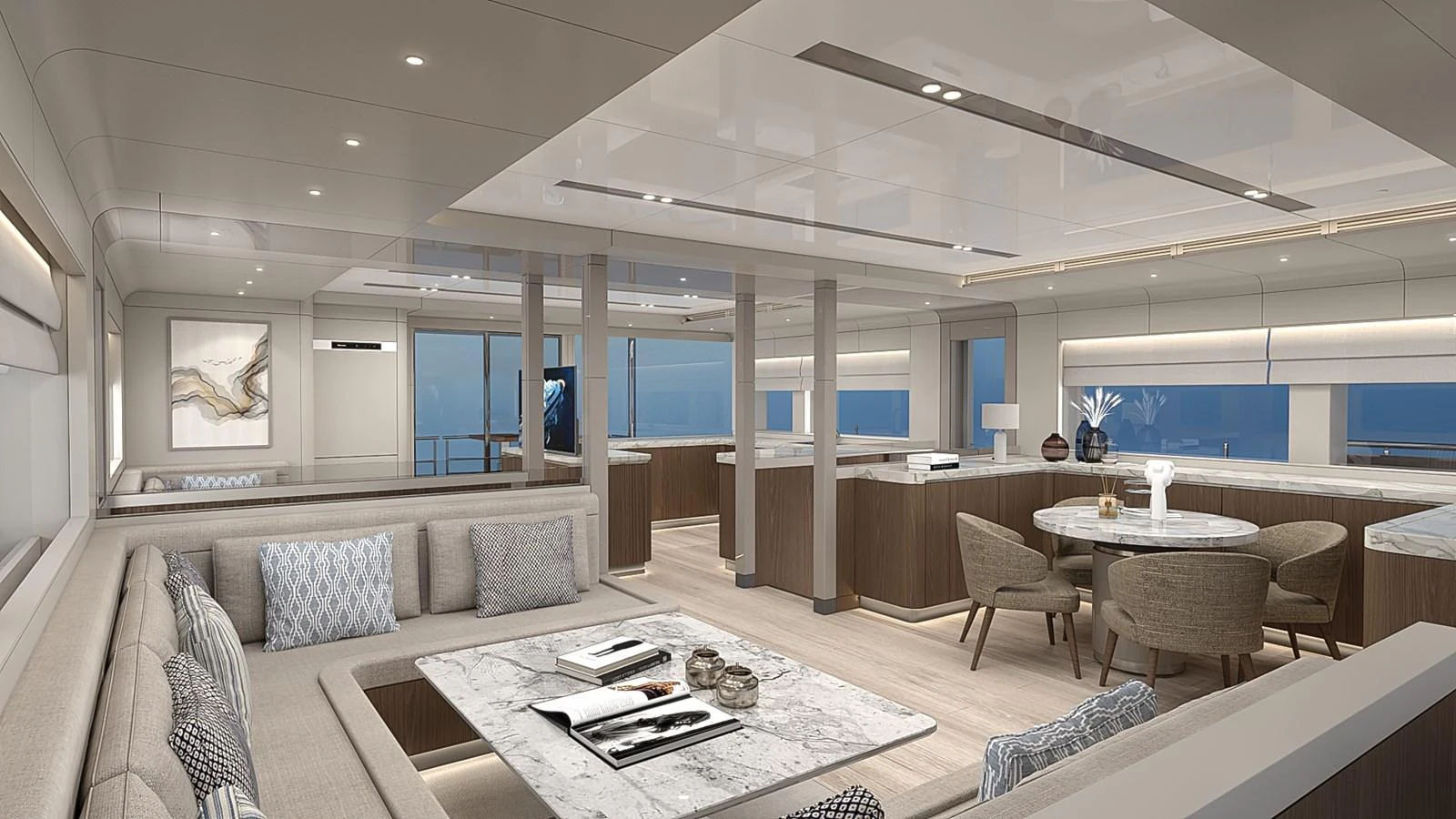 The salon features a spacious and elegant design with modern furnishings and ample natural light. aboard BC70 Yacht for Sale