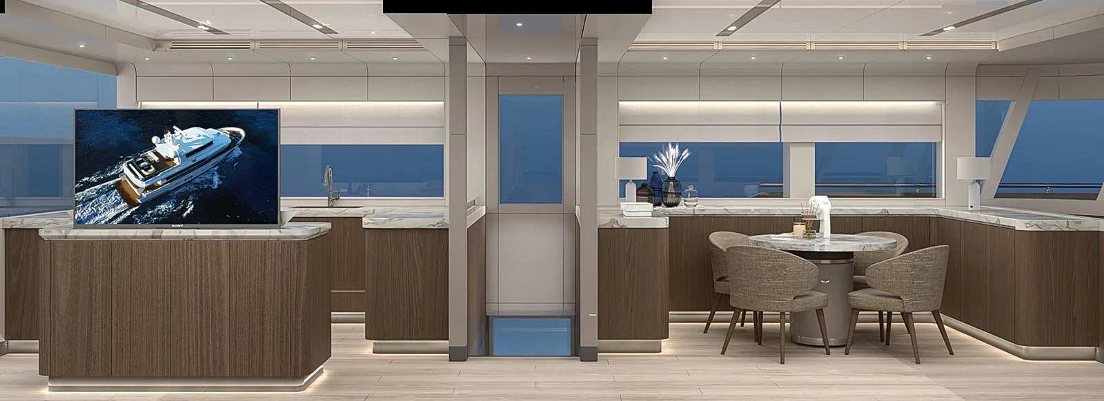 The salon features a modern design with ample seating and a large TV for entertainment. aboard BC70 Yacht for Sale