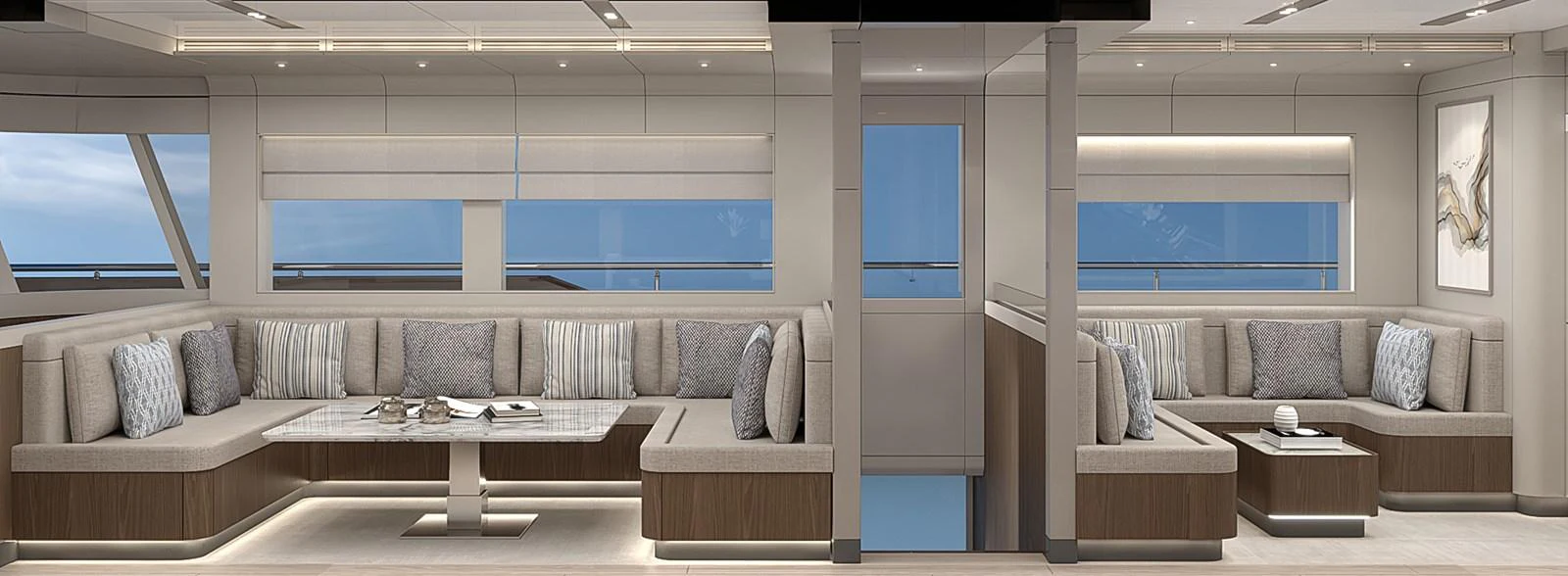 The spacious salon features elegant seating areas with large windows offering stunning views. aboard BC70 Yacht for Sale