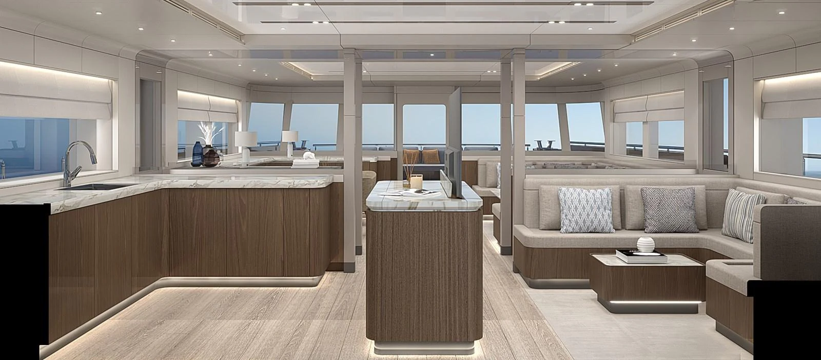 The spacious salon features modern furnishings and ample natural light. aboard BC70 Yacht for Sale