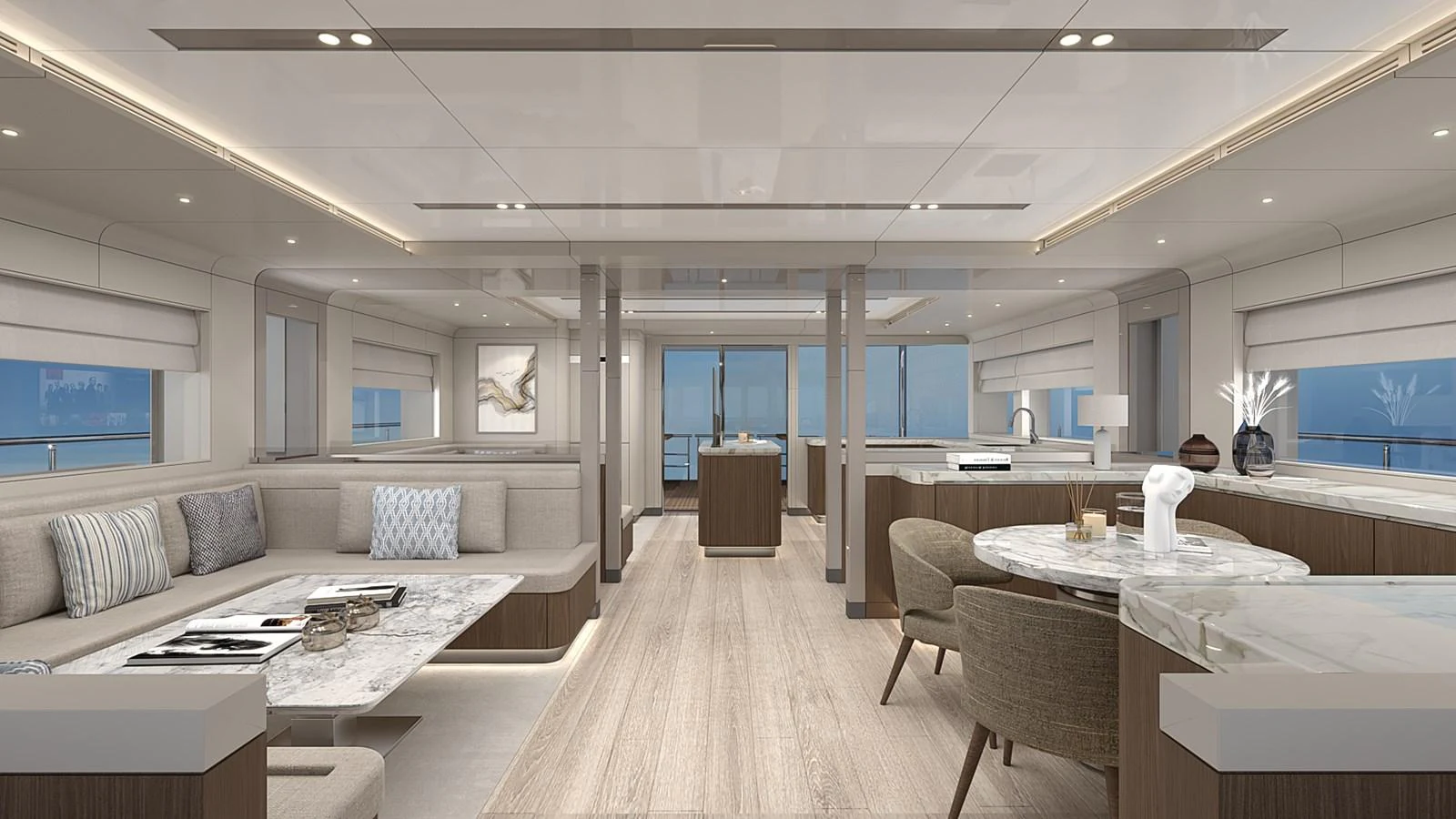 The spacious salon features elegant seating and a sophisticated dining area with panoramic views. aboard BC70 Yacht for Sale
