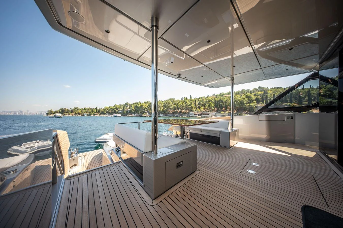 The spacious aft deck offers stunning views and ample seating for relaxation. aboard CREA Yacht for Sale
